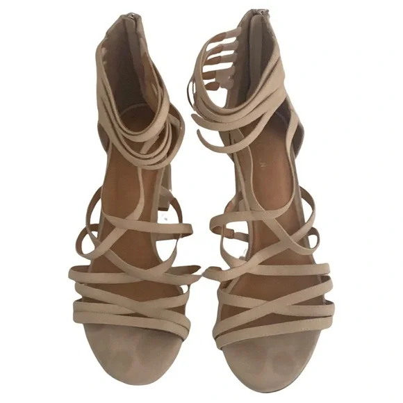 HALOGEN Block Heel Suede Zip Up Strappy Sandals Blush Tan Beige Summer Party - Picture 5 of 15